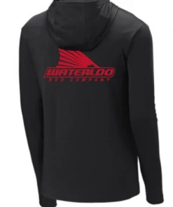 Viatran Inc Waterloo Black Hooded Long Sleeve Performance Shirt - Red Carbon Fiber Tails Up Logo Apparel